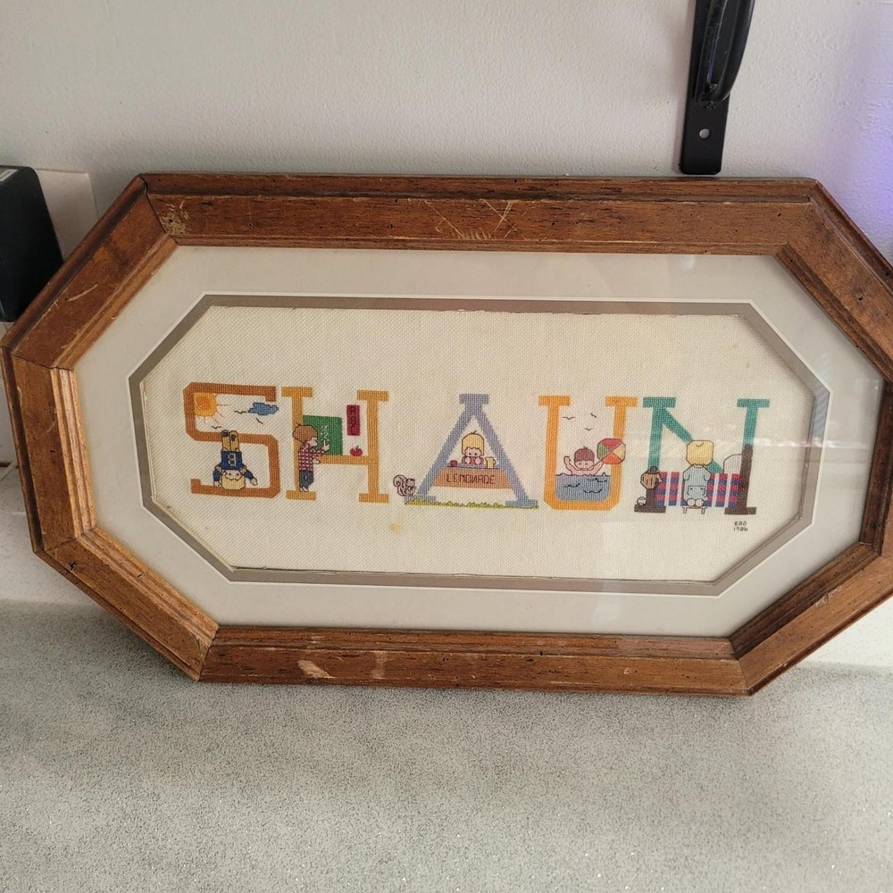 Vintage 1986 Shaun Cross Stitch Framed Art Handmade Name Decor Retro Octagon